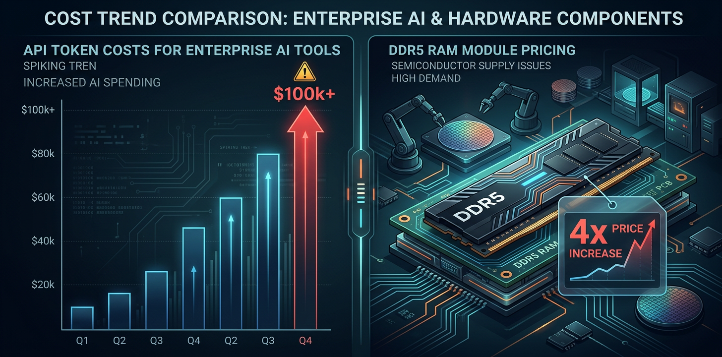 AI cost crisis comparison - software API costs and hardware DDR5 price surge side by side