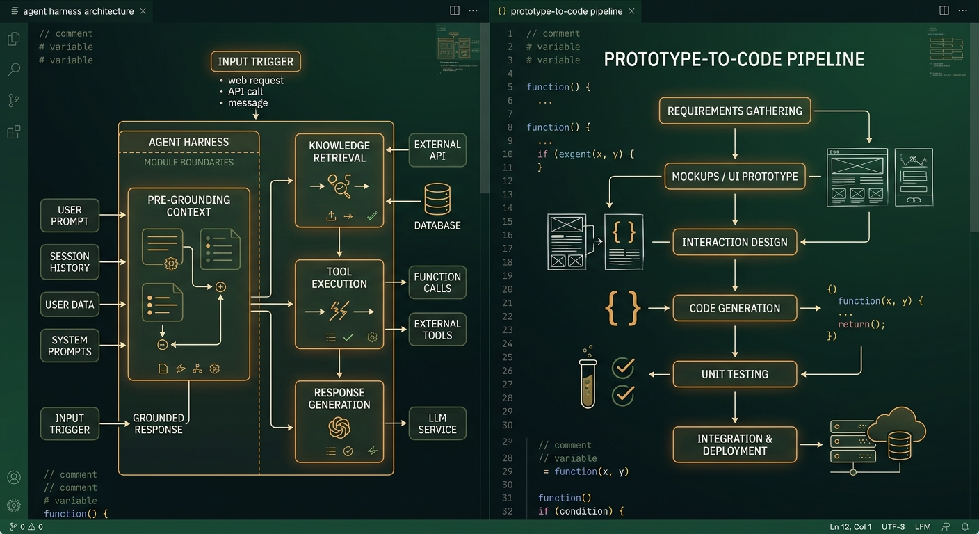 OpenAI and Jane Street AI agent workflow — agent harness architecture with split-screen code editor view